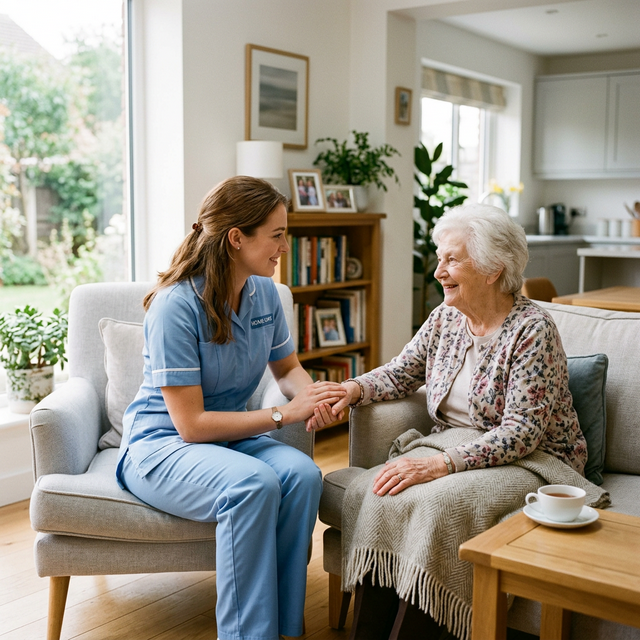 Cuidadora de idosos acolhendo uma senhora